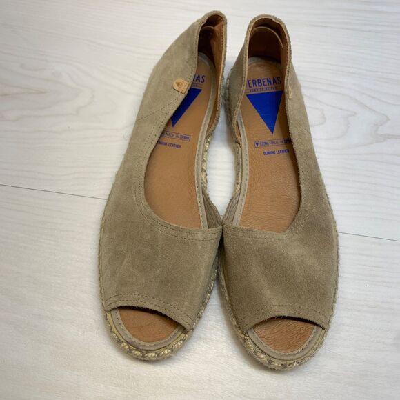 Verbenas Brown Cruz Leather & Suede Espadrille Flats Shoes Size 41 Peep Toe - Picture 6 of 9